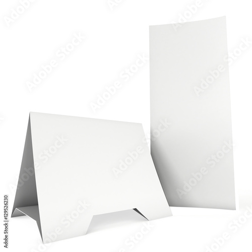 "Blank paper triangle tent cards. 3d render illustration isolated