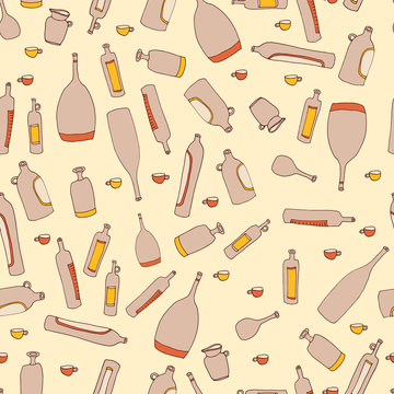 Seamless vector pattern with different wine bottles, cups and jugs. Hand-drawn Georgian style for menu.