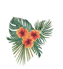 Colorful floral collection with leaves and tropical flowers; bird of paradise and hibiscus, drawing watercolor. Design for invitation, wedding or greeting cards