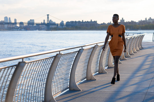 Young African Fashionable Businesswoman Walking Outdoor, New York, Manhattan View, Skyline