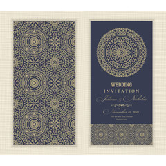 Wedding invitation card arabic, mandala, blue and gold. 