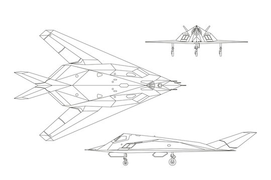 Military aircraft. Contour drawing of war plane. Airplane views: