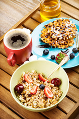 Healthy breakfast on wooden background