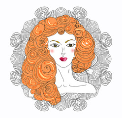 Portrait of pretty young blond woman with long beautiful red hair. Vector illustration