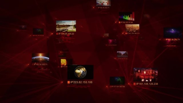 Network connections with multiple themed videos and IP numbers. Red and black.