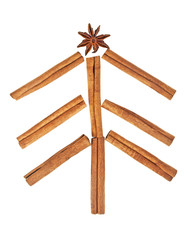Christmas tree made from anise star seeds and cinnamon sticks on