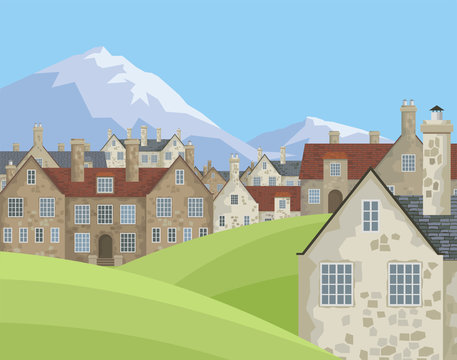 Image of small English villages with old stone houses.  Rural landscape. Vector illustration.