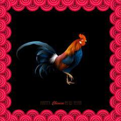 New Year card with Chinese waves and Rooster - symbol of 2017 year