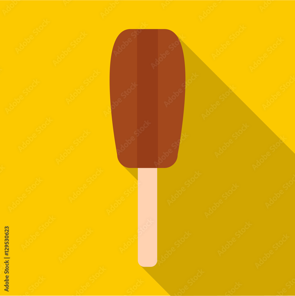 Poster Ice cream covered with chocolate icon. Flat illustration of ice cream covered with chocolate vector icon for web isolated on yellow background