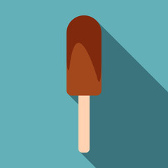 Chocolate ice cream on wooden stick icon. Flat illustration of chocolate ice cream on wooden stick vector icon for web isolated on baby blue background