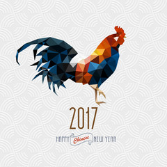 Polygonal Rooster on white geometric pattern