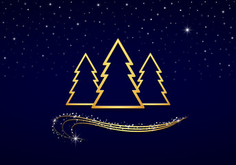golden trees & curls, night sky with sparkling stars & snow - vector illustration