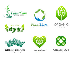 Set of logos. Plant care, eco, organic. Healthy eating and a healthy lifestyle 