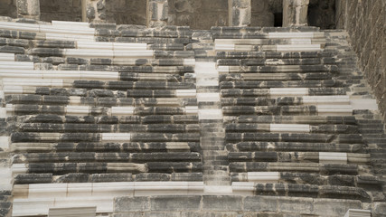 Detail view of historical old ancient city of Aspendos amphitheater steps in Antalya.- TURKEY