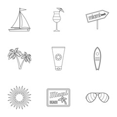 Miami icons set. Outline illustration of 9 Miami vector icons for web