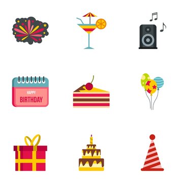 Birthday icons set. Flat illustration of 9 birthday vector icons for web