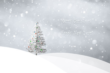 Lovely winter season landscape with snowy Christmas tree decoration background. Merry Christmas and Happy New Year greeting card illustration background.