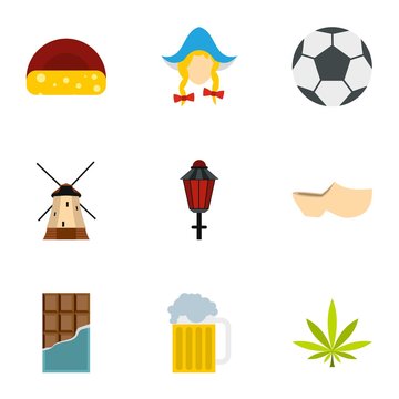 Holiday in Holland icons set. Flat illustration of 9 holiday in Holland vector icons for web