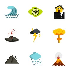 Natural disasters icons set. Flat illustration of 9 natural disasters vector icons for web