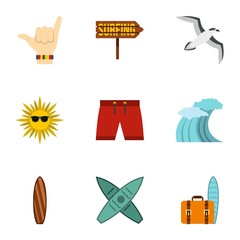 Surfing in sea icons set. Flat illustration of 9 surfing in sea vector icons for web