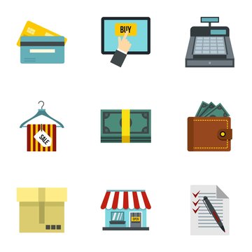 Supermarket buying icons set. Flat illustration of 9 supermarket buying vector icons for web