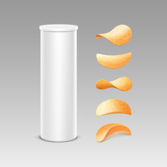 Vector Set of White Tin Box Container Tube for Package Design with Potato Crispy Chips of Different Shapes Close up Isolated on Background