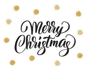 Fototapeta na wymiar Merry christmas card with hand drawn lettering and golden glitter dots