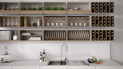 Scandinavian white kitchen, shelving system, minimalistic interi