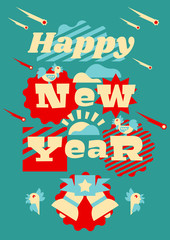 Greeting card happy new year. Typographical printing. Year of the rooster. Sunrise, clouds, stars. Animals and letters. Bells, ribbon. Label, isolated objects on background. Vector illustration