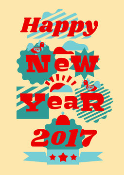Greeting card happy new year. Typographical printing. Year of the rooster. Sunrise, clouds. Animals and letters. Label, isolated objects on background. The magic and joy. Vector illustration