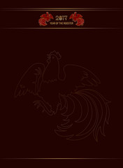 2017, the Year of the Fire Rooster in Chinese Horoscope. Red and gold colors, symbol of new year. Fire element. Vector vip background, suitable for greeting card, certificate or poster.