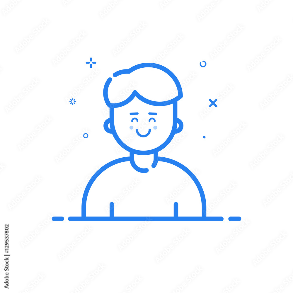 Poster vector illustration of blue icon in flat line style. linear cute and happy man. graphic design conce