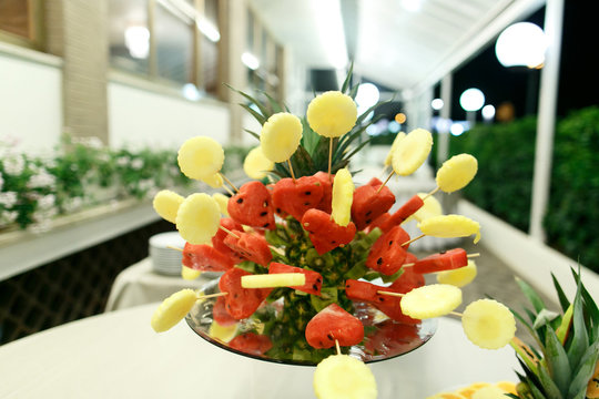 Pieces of anans and watermelon cut in the form of hearts