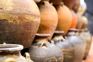 Old ceramic vases pots clay jugs. Old traditional vintage potter