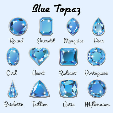 Set of different types of cuts of precious stone Topaz in realistic shapes in light blue color with silver edging. Vector illustration