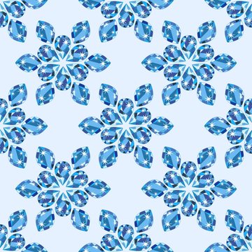Seamless pattern with light blue precious gem Topaz in shape of winter snowflakes from different cuts on pale blue background. Vector illustration