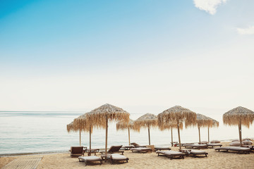Beach umbrellas stand over wooden beds on sand