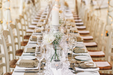 Sparkling glasswatr stands on dinner table with flexen present p
