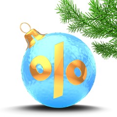 3d illustration of ice blue Christmas ball over white background with golden percent sign and christmas tree branch