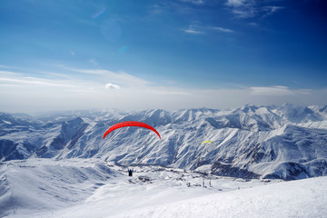Winter in Greater Caucasus Mountains. Georgia (country). Paragliding.