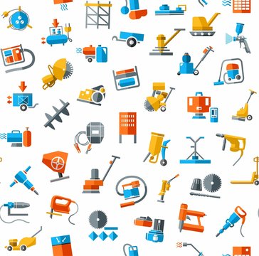 Construction equipment and tools, seamless background, white, color. Vector background with images of equipment for construction and repair. Colored, flat pictures on a white field. 