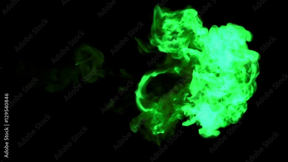 Poster green paint dissolved in water on a black background. 3d render. voxel graphics. computer simulation
