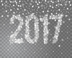 Glittering 2017 New Year from snowflakes on transparent background with snowfall around it. Vector illustration