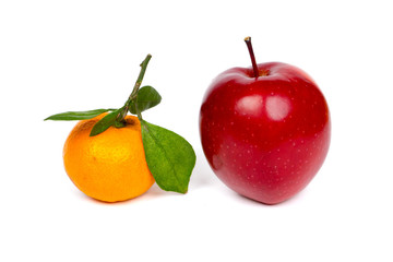 Fototapeta na wymiar mandarin and apple close-up on white background