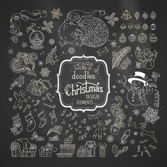 Vector set of chalk Christmas signs, symbols, decorations and design elements on blackboard background.