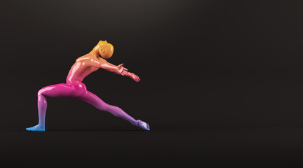 Abstract colorful plastic human body mannequin figure over black background. Action dance ballet pose. 3D rendering illustration