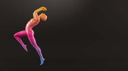 Abstract colorful plastic human body mannequin figure over black background. Action running and jumping pose. 3D rendering illustration