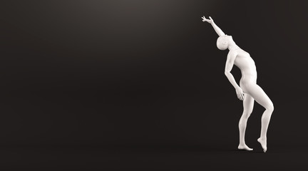 Abstract white plastic human body mannequin over black background. Action dance pose. 3D rendering illustration