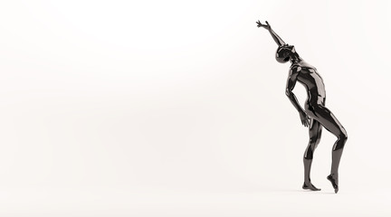 Abstract black plastic human body mannequin over white background. Action dance pose. 3D rendering illustration