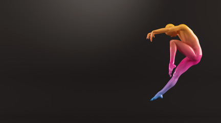 Abstract colorful plastic human body mannequin figure over black background. Action dance jump ballet pose. 3D rendering illustration